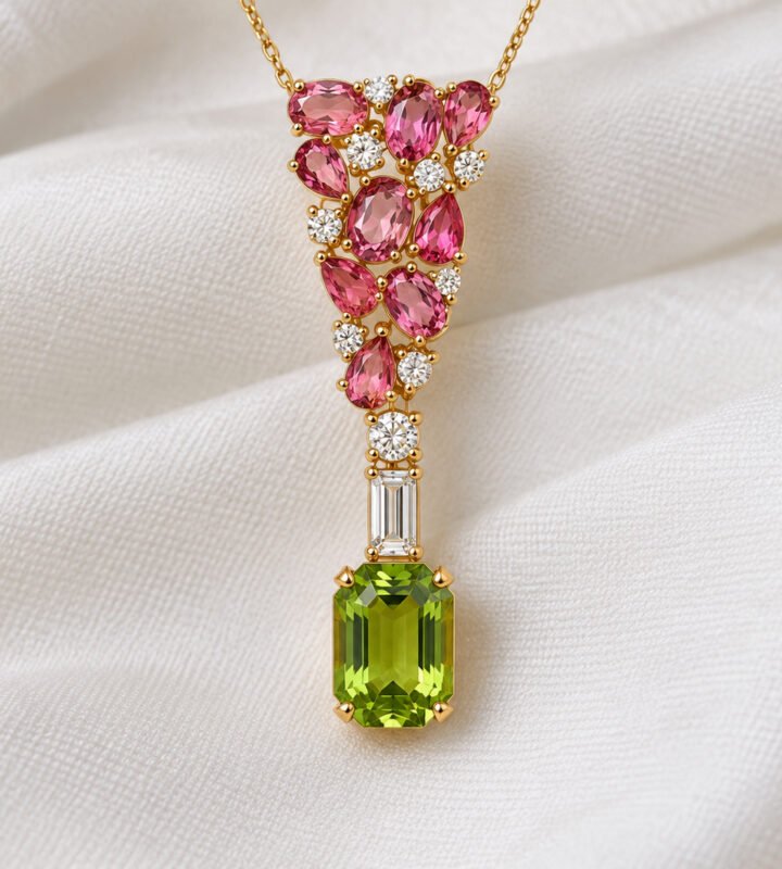 Moissanite & Synthetic Coloured Stone Pendant with Chain